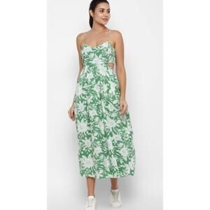 American Eagle Dress Floral Cut Out Corset Midi Cotton Linen Blend Green Size XS
